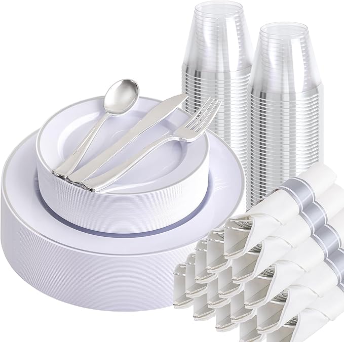 Plastic Plates Set, 175 Pieces, Silver Rim, Serves 25 Guests