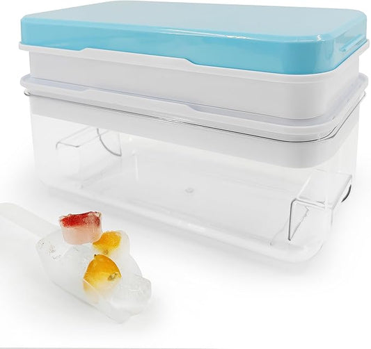 Satax Silicone & Plastic Ice Cube Trays with Lids and Bin - Durable, BPA-Free, Easy Release, Perfect for Cocktails, Coffee & More (2, blue)