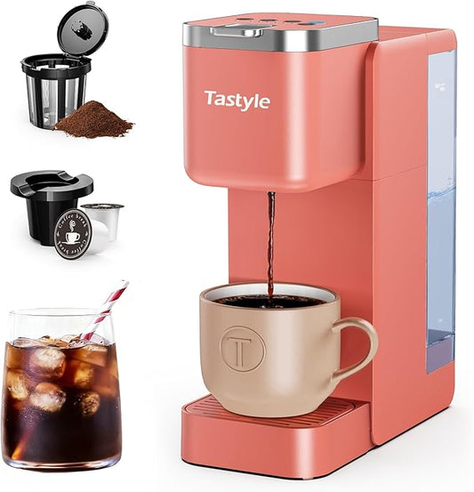 Single Serve Coffee Maker, Iced and Hot Coffee Machine for K Cup & Grounds, Compact Design, 40oz Removable Water Reservoir, 6 to 24 Oz Brew Sizes, Fits 7.3" Travel Mug, Red