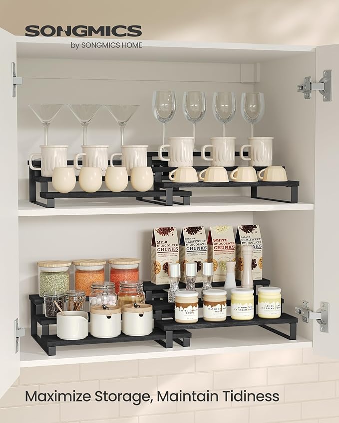 Spice Rack Set of 2, 3-Tier Ebony Black Engineered Wood Display Riser