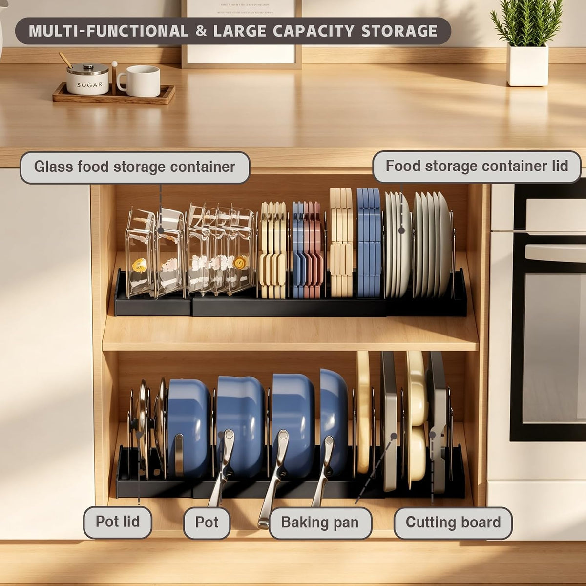2 Pack Expandable Food Storage Container Lid Organizers, 22" Pots and Pans – close-up