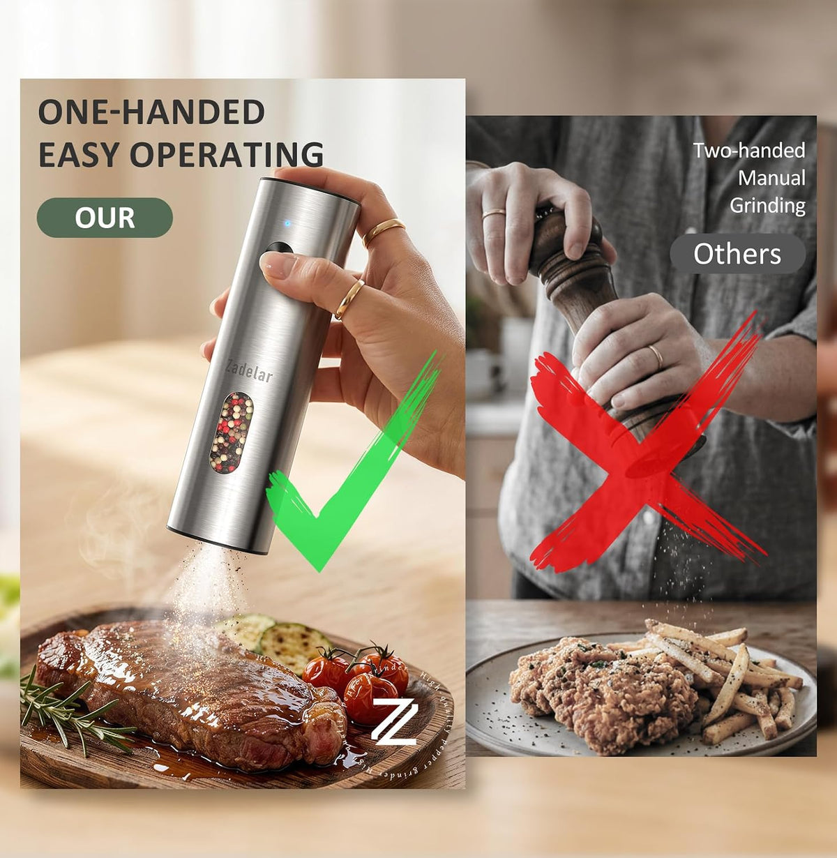 Rechargeable Electric Salt and Pepper Grinder Set with USB-C Charging Base – features