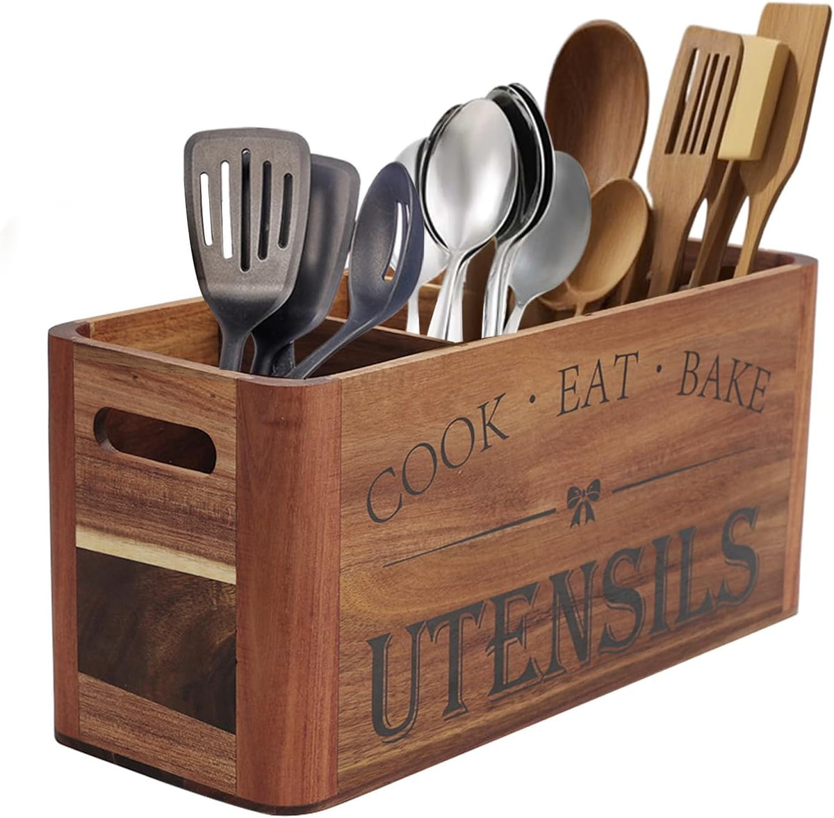 Utensil Holder for Kitchen Countertop - Extra Large 4 Compartment Wooden