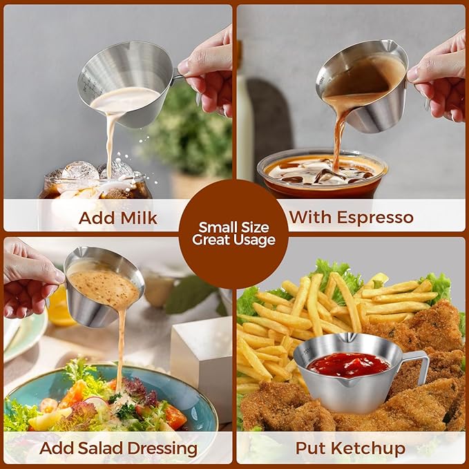 2 Pcs Espresso Cups with Handle, Stainless Steel, Double Spout Metal Measuring Cup with Dual Scale, Espresso Shot Cup with V-Shaped Mouth, 3.4oz/100ml(Silver)