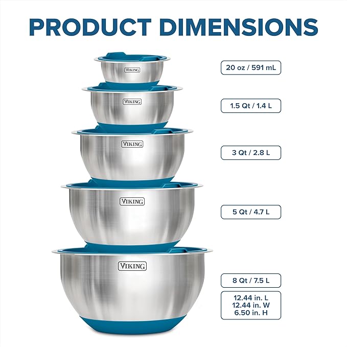 VIKING Mixing Bowls Set, 10 Piece Stainless Steel Kitchen Cookware, Non-Slip Silicone Base, Includes Tight Fit Lids, Dishwasher Safe, Blue