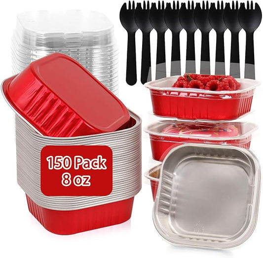 FORBFAN 8 oz Mini Disposable Cake Pans with Lids, 150 Pack Aluminum Foil Square Baking Cups with Spoons, Disposable Baking Cake Tins Red