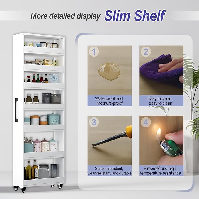 7-Tier Slim Storage Cart, Wooden Rolling Pantry Cabinet with Wheels, Narrow Shelf Organizer for Kitchen, Bakers Rack, Dining Room, Closet, Small Spaces Light Walnut 73.2" H*9.8" W*23.6" D