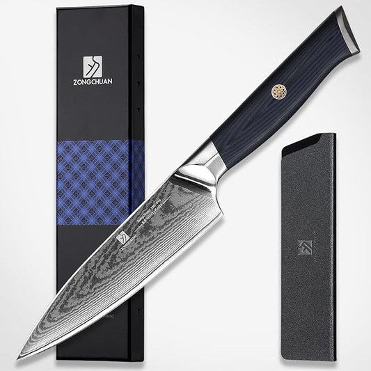 Utility Knife,5.5inch Damascus knife,67-Layer High Carbon Stainless Steel Kitchen Knife,Professiona Sharp Cutting Knives with Ergonomic Blue G10 Handle,Gift Box for Home and Kitchen Birthday Gift