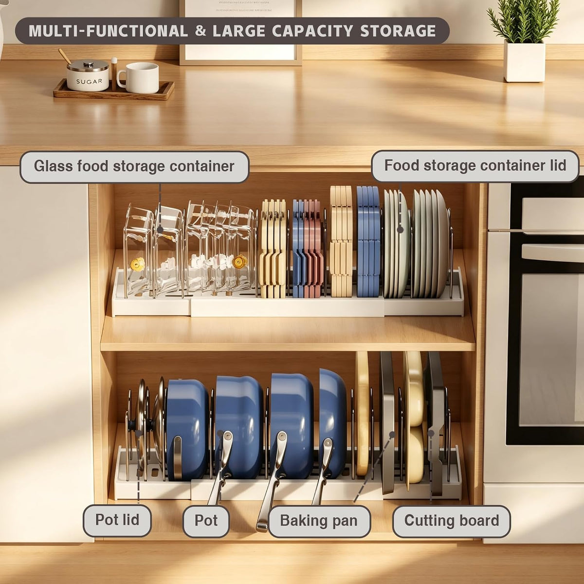 2 Pack Expandable Food Storage Container Lid Organizers, 22" Pots and Pans – close-up