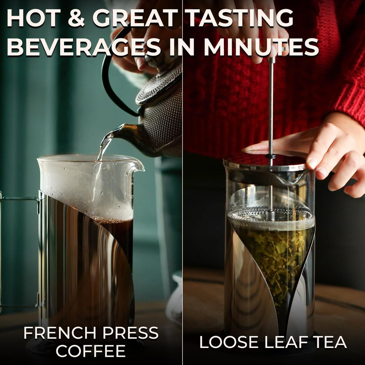 French Press Coffee Maker, 34 oz Glass, Stainless Steel – set view