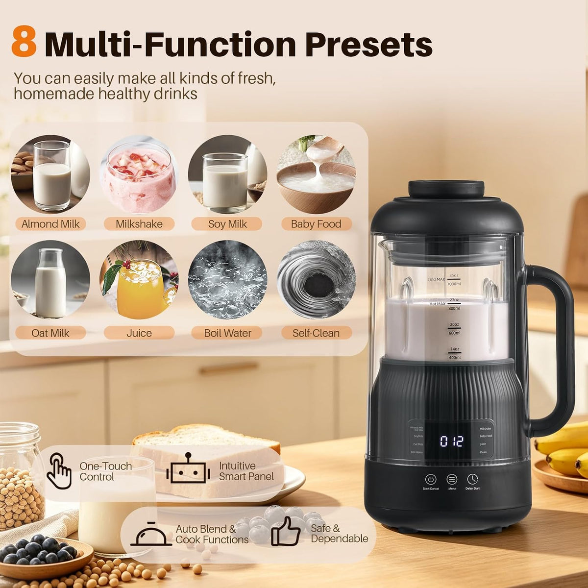8-in-1 Nut Milk Maker with Silent Shield 12H Delay Start/Keep Warm 35oz – features