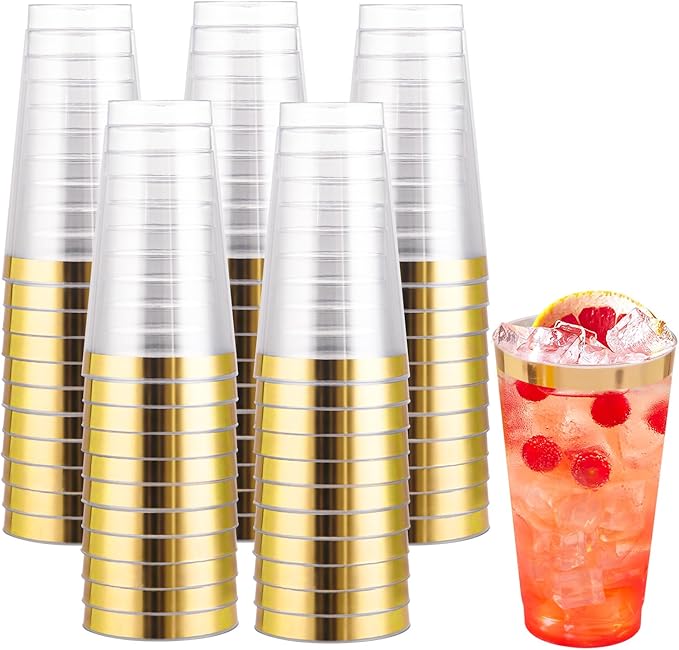 Cups, 16 oz Clear Plastic with Gold Rim, 100 Count
