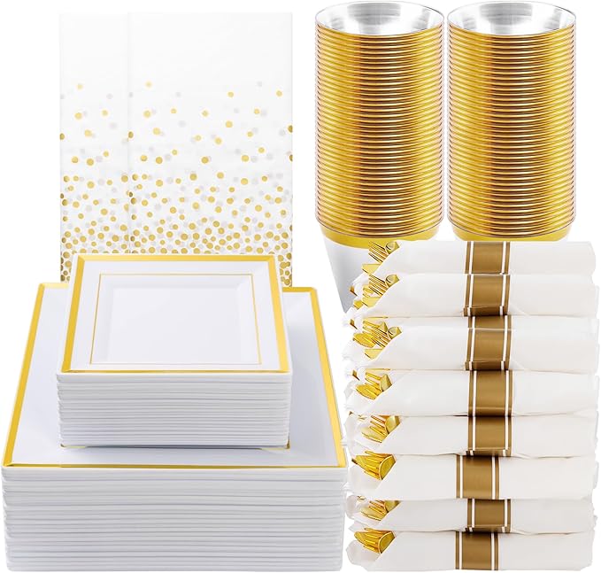 Plastic Party Plates Set, 352 Pieces, Gold Rim, Serves 50