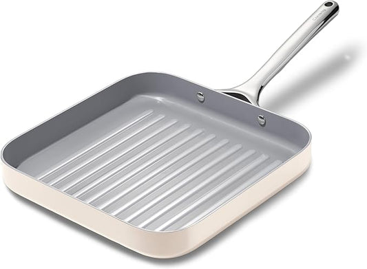 Caraway Square Grill Pan - 11” Grill Pan - Non-Stick Ceramic Coated - Non Toxic, PTFE & PFOA Free - Oven Safe & Compatible with All Stovetops - Cream
