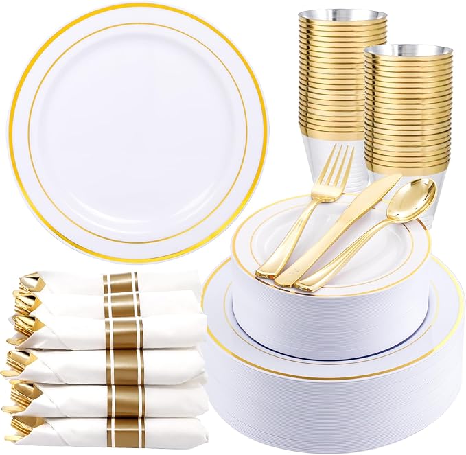 Plates Set, White and Gold Disposable Dinnerware for 50 Guests