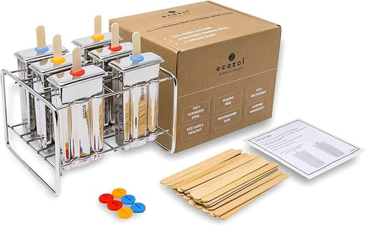 Ecozoi Stainless Steel Popsicle Molds and Rack - 6 Square Ice Pop Makers + 30 Reusable Bamboo Sticks + 12 Silicone Seals + 1 Cleaning Brush +1 Rack