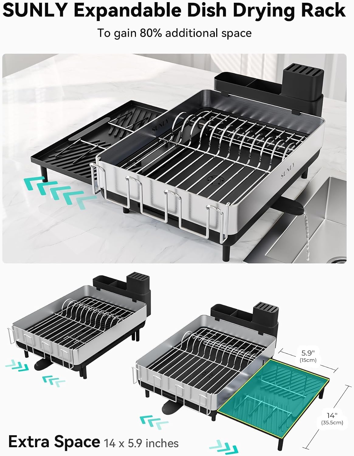 Large Dish Drying Rack, Expandable Dish Racks for Kitchen Counter, Space Saving – close-up