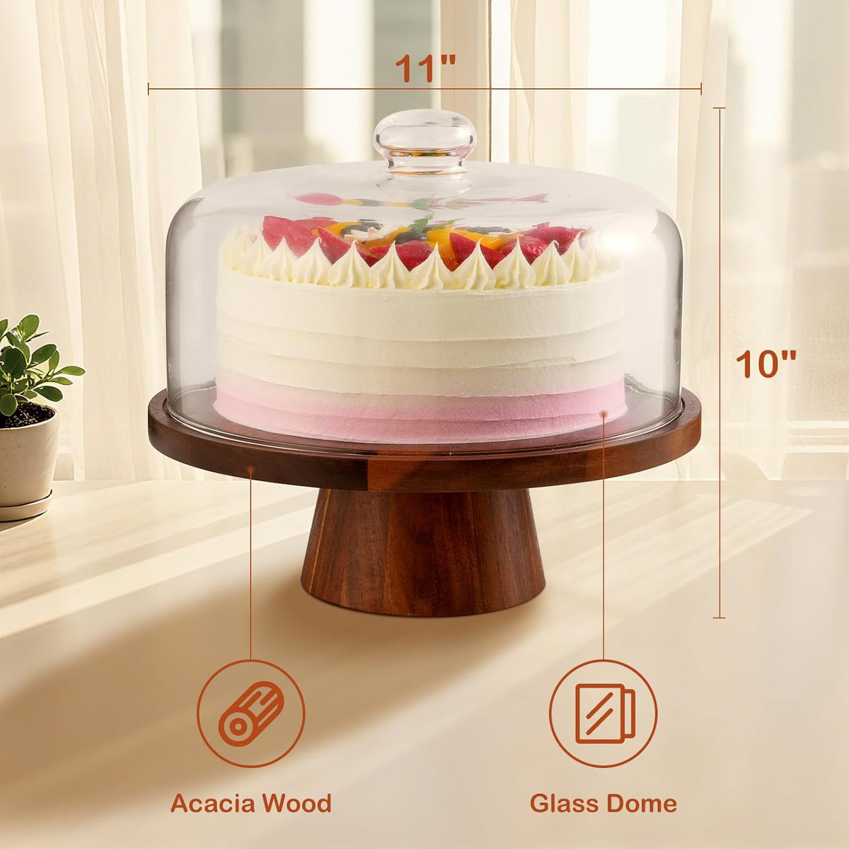 Acacia Wood Cake Stand with Glass Lid–12" Magnetic Base for Parties&Kitchen – detail