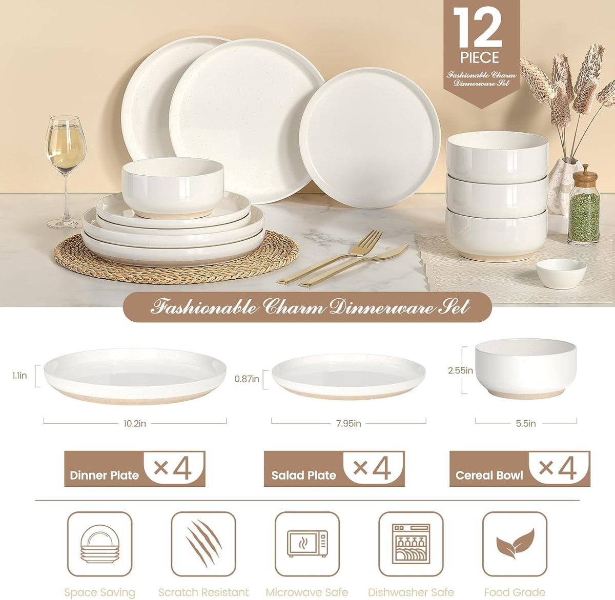 Dinnerware Set for 4, 12 Pieces Plates and Bowls Set – detail