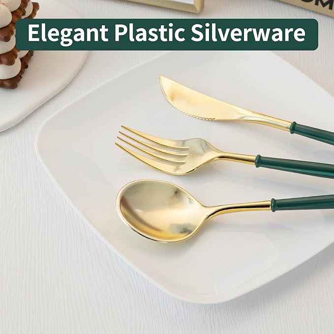 Plastic Spoons, Forks and Knives Set, 90 Pieces, Gold with Green Handles