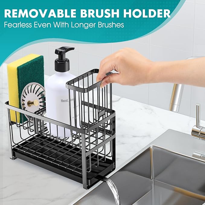 Kitchen Sink Sponge Holder with Brush Holder, Black Stainless Steel