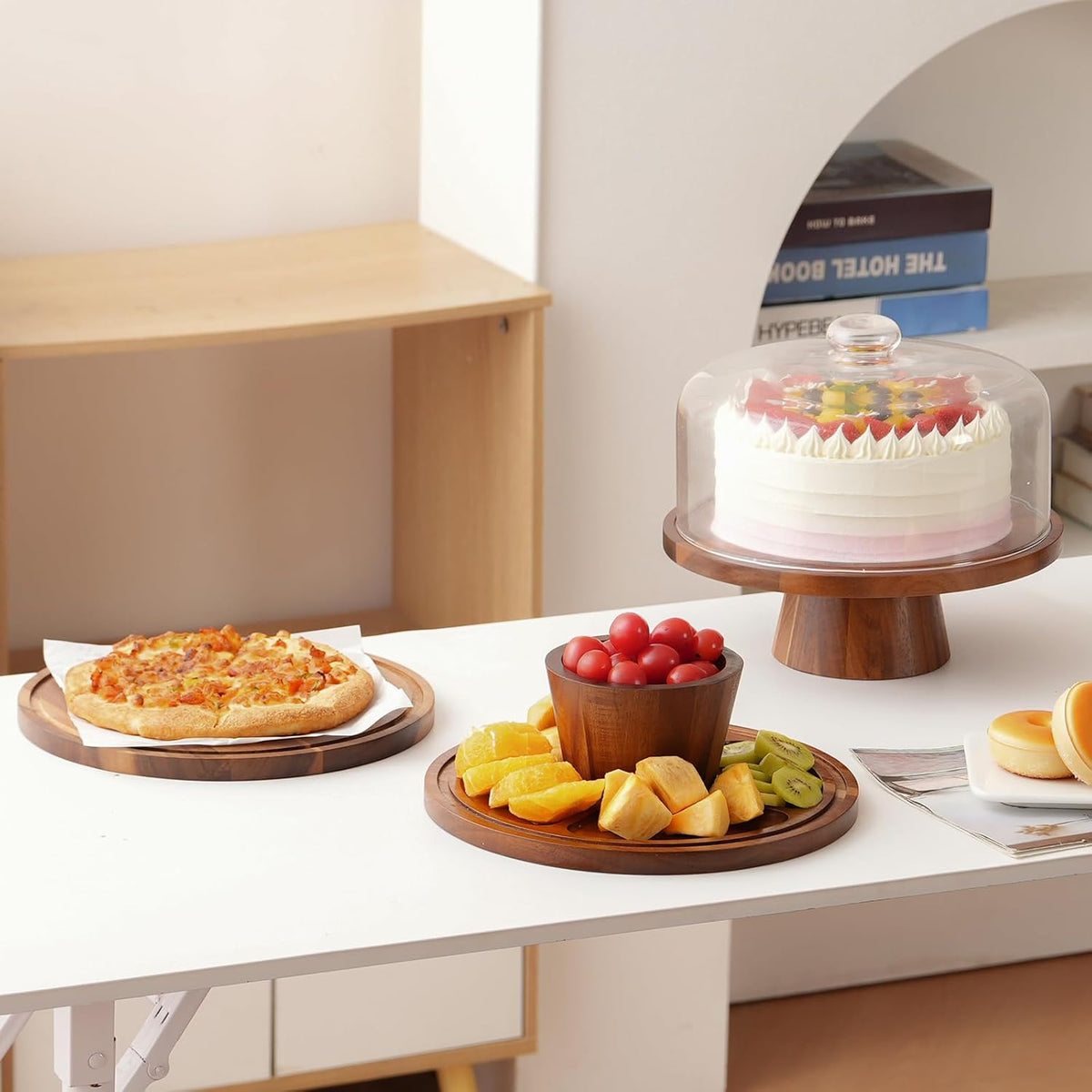 Acacia Wood Cake Stand with Glass Lid–12" Magnetic Base for Parties&Kitchen – alternate view
