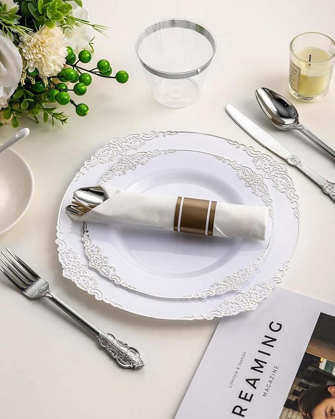 Plates with Silver Border, Disposable Plastic Party Set for 50