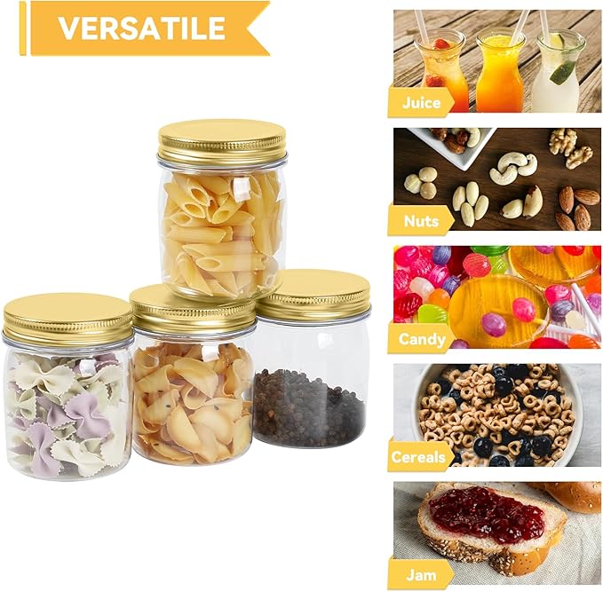 Food Storage Jars 16 Pack, 8 oz Clear PET Plastic with Gold Lids