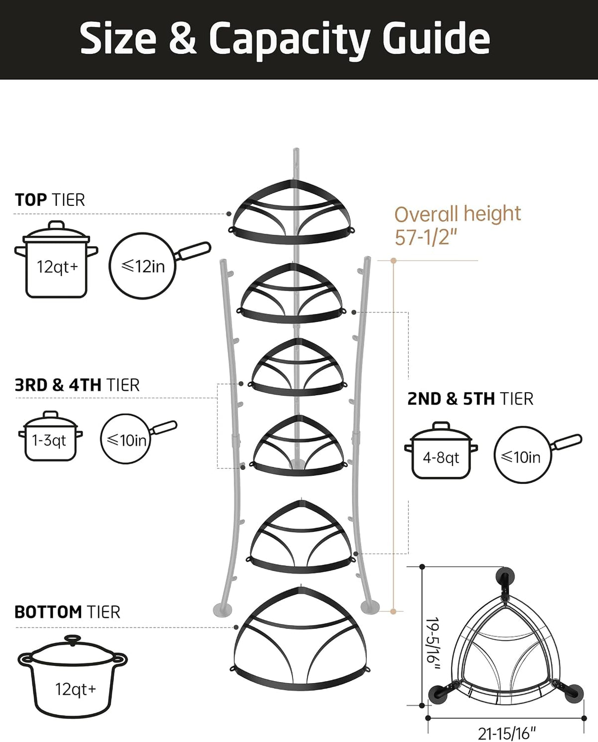 264 Lbs Capacity Freestanding Pot Rack, 6-Tier Cast Iron Cookware Stand with 6 – size reference