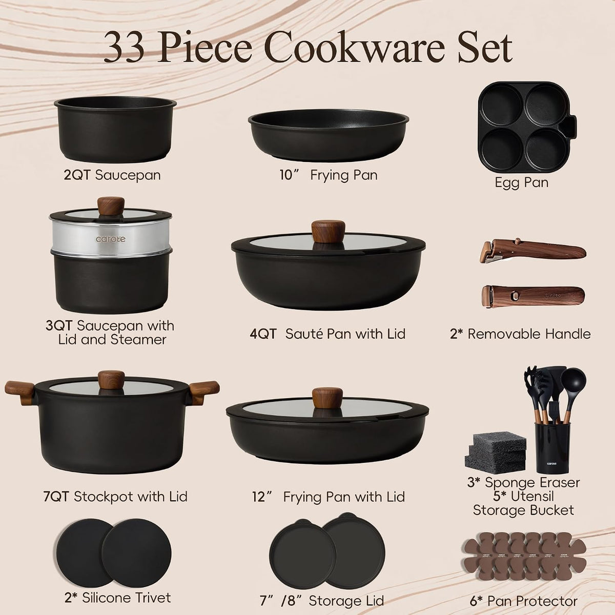 33pcs Pots and Pans Set Non Stick, Detachable Handle Cookware, Black – detail
