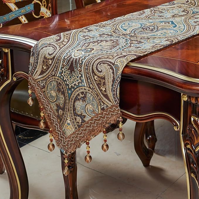 Table Runner 12x90 Inch Coffee Floral Embroidered with Beaded Tassels
