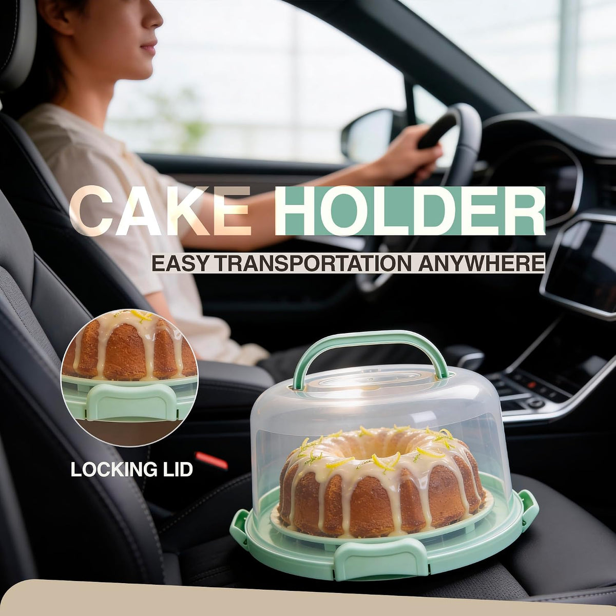 10in Buntz Cake Pan Non Stick & 12in Cake Carrier w/Lid-Handle,Mint Green – close-up