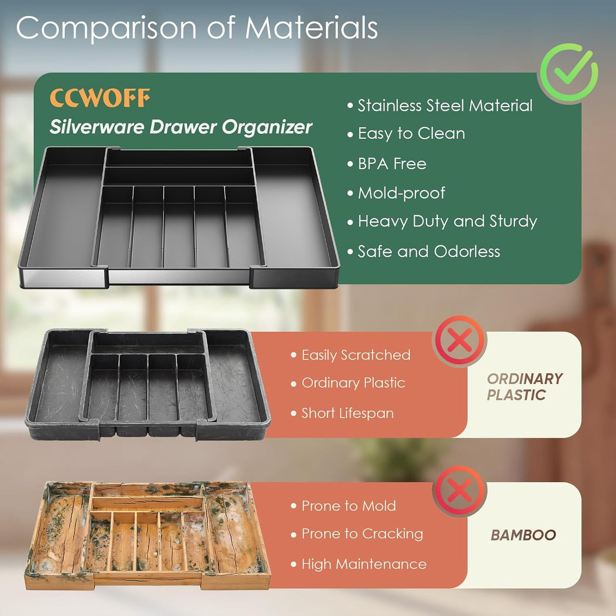 Silverware Drawer Organizer, 9 Slots Expandable Kitchen Drawer Organizer – close-up