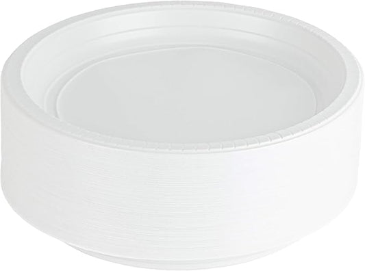 PLASTICPRO Round Plastic Plates Microwaveable, Disposable, White, Dinnerware (100, 10" Inch Plates)