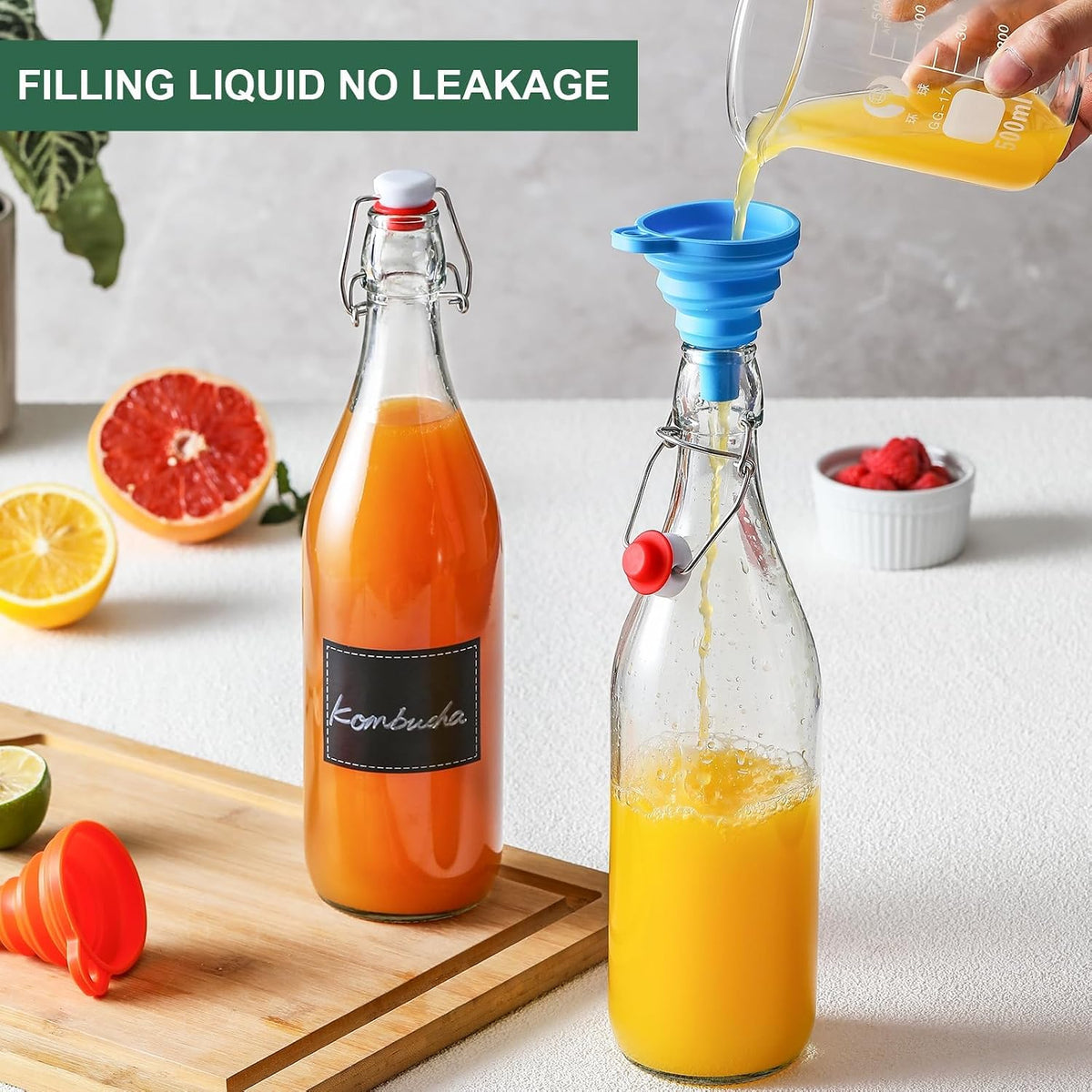 8 PACK [1 Liter/33 fl. oz.] Swing Top Glass Bottles w/ 2 Funnels & Pourers – size reference