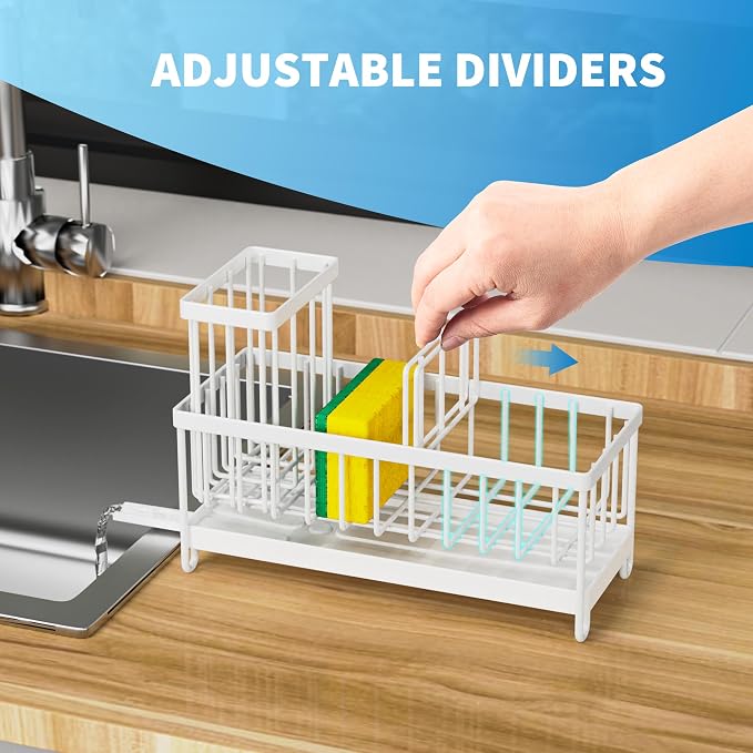 Kitchen Sink Sponge Holder, White Stainless Steel Caddy with Brush Holder