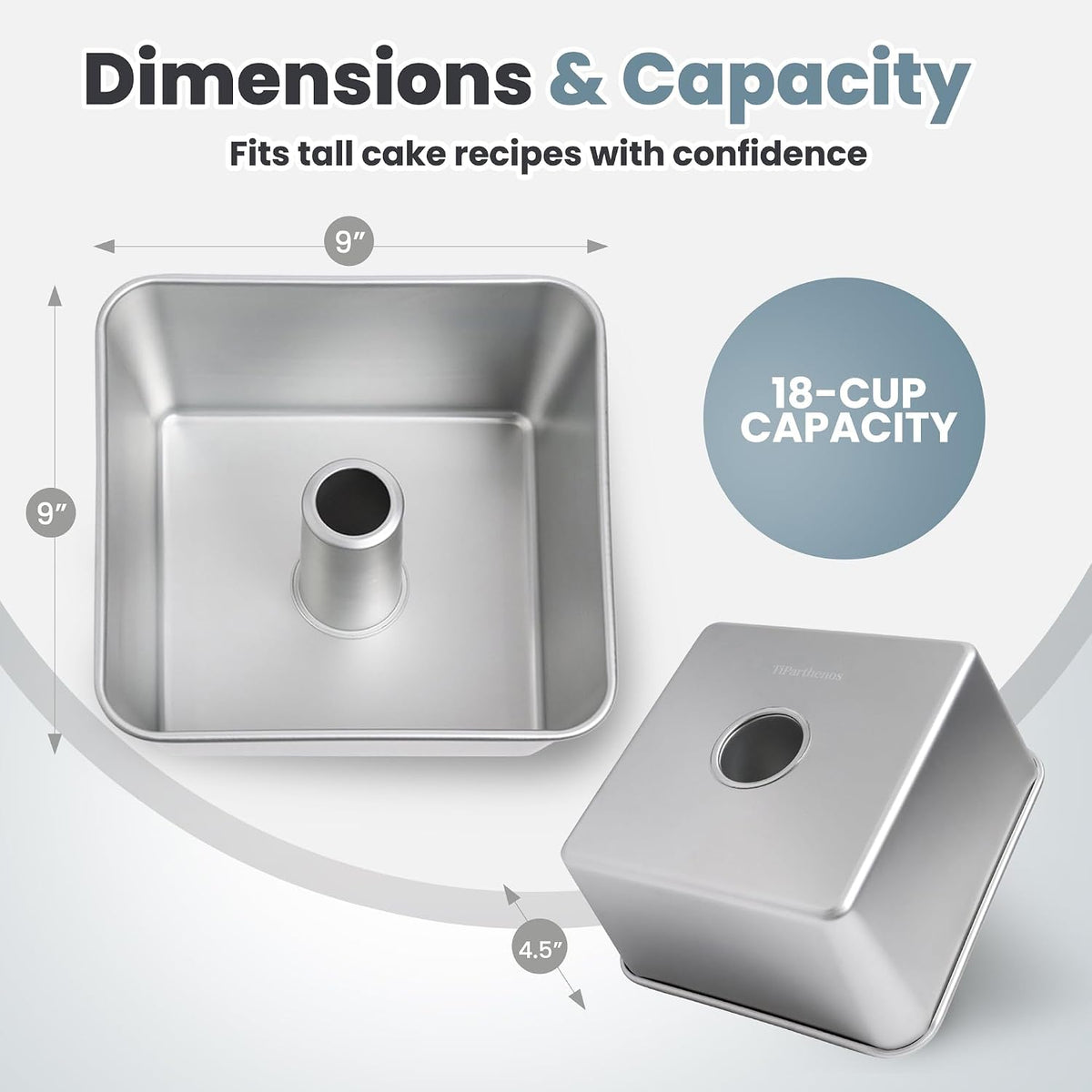 One-Piece Square Tube Cake Pan, 18 Cup, Anodized Aluminum, 9 x 9 x 4.5 – features