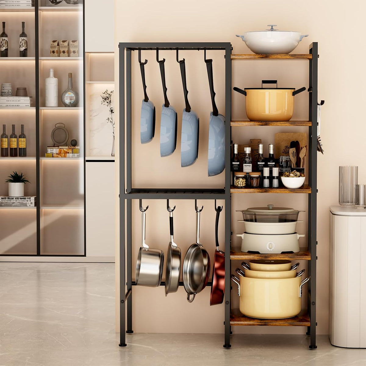 5-Tier Pot and Pan Organizer Rack with Hooks, Heavy-Duty Kitchen Storage Shelf – another angle