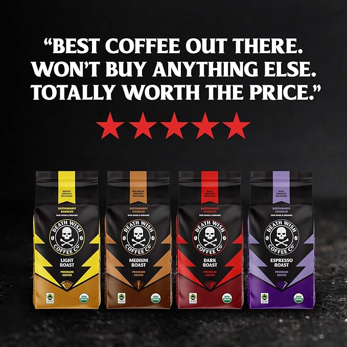 Death Wish Coffee, Single Serve Coffee - 10 Each of Medium, Dark, and Espresso Roast - Mixed Roast Variety Pack