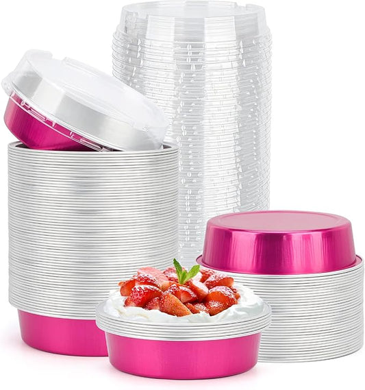 Beasea Disposable Cupcake Pans with Lids, 100 Pack 4 Inch 8oz Rose Red Aluminum Baking Foil Tins Small Round Tart Containers for Individual Dessert Muffin Cheesecake Ramekins Quiche Oven Dishes