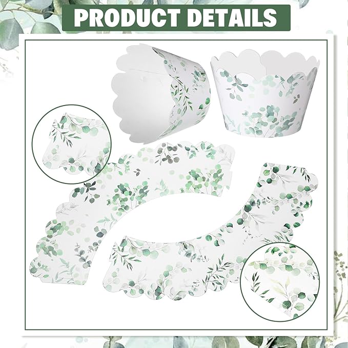 Baking Cups, 100 Count Green Eucalyptus Leaf Cupcake Wrappers
