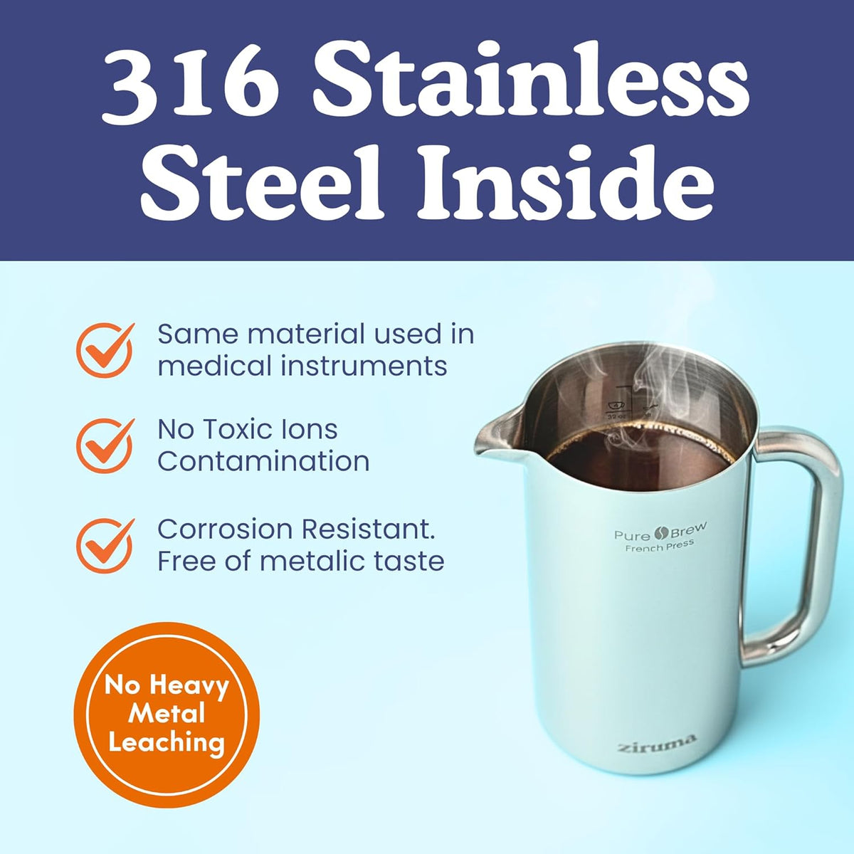 Non-Toxic Stainless Steel French Press, No Plastic or Heavy Metals, 34 oz – close-up