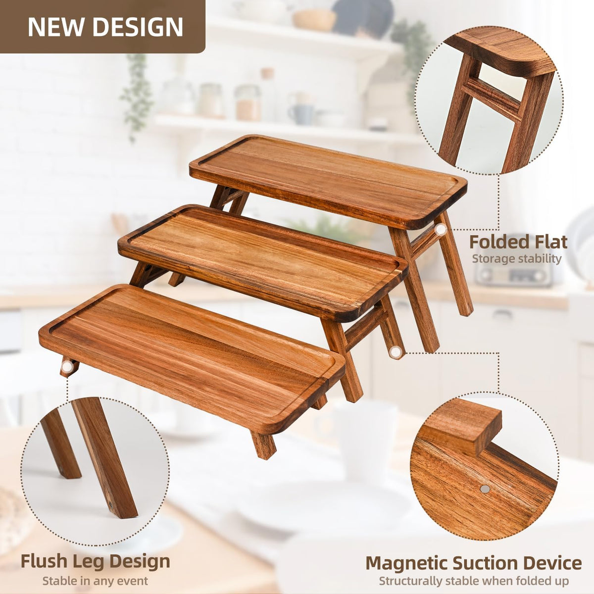 3 Tier Serving Tray Acacia Wooden Tiered Tray Stand Foldable Dessert Table – alternate view