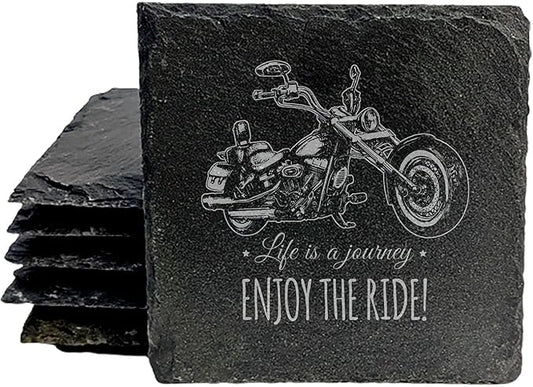 Coast in Style: Rustic Slate Coasters with Motorcycle Design - Square Slate - Set of 6