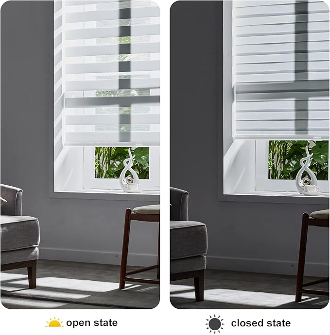 Persilux Cordless Zebra Blinds for Indoor Windows, Free-Stop Cordless, Light Filtering Sheer Shades Dual Layer for Day and Night, Roller Shades for Home (34.5" W X 47" H, White)