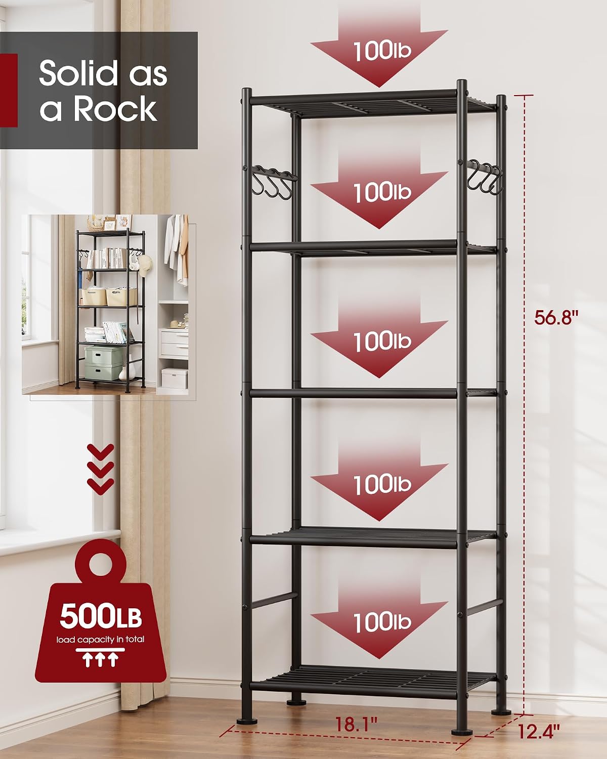 5-Tier Storage Shelves with Hooks, 18.1" x 12.4" x 56.8", Black – close-up