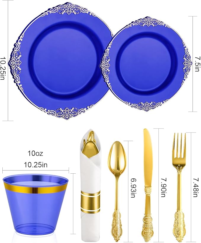 Clear Blue Plastic Plates Set, 350 Pieces for 50 Guests