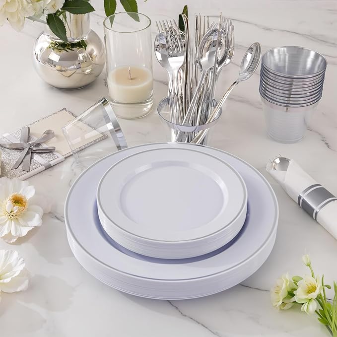 Plastic Plates Set, 175 Pieces, Silver Rim, Serves 25 Guests