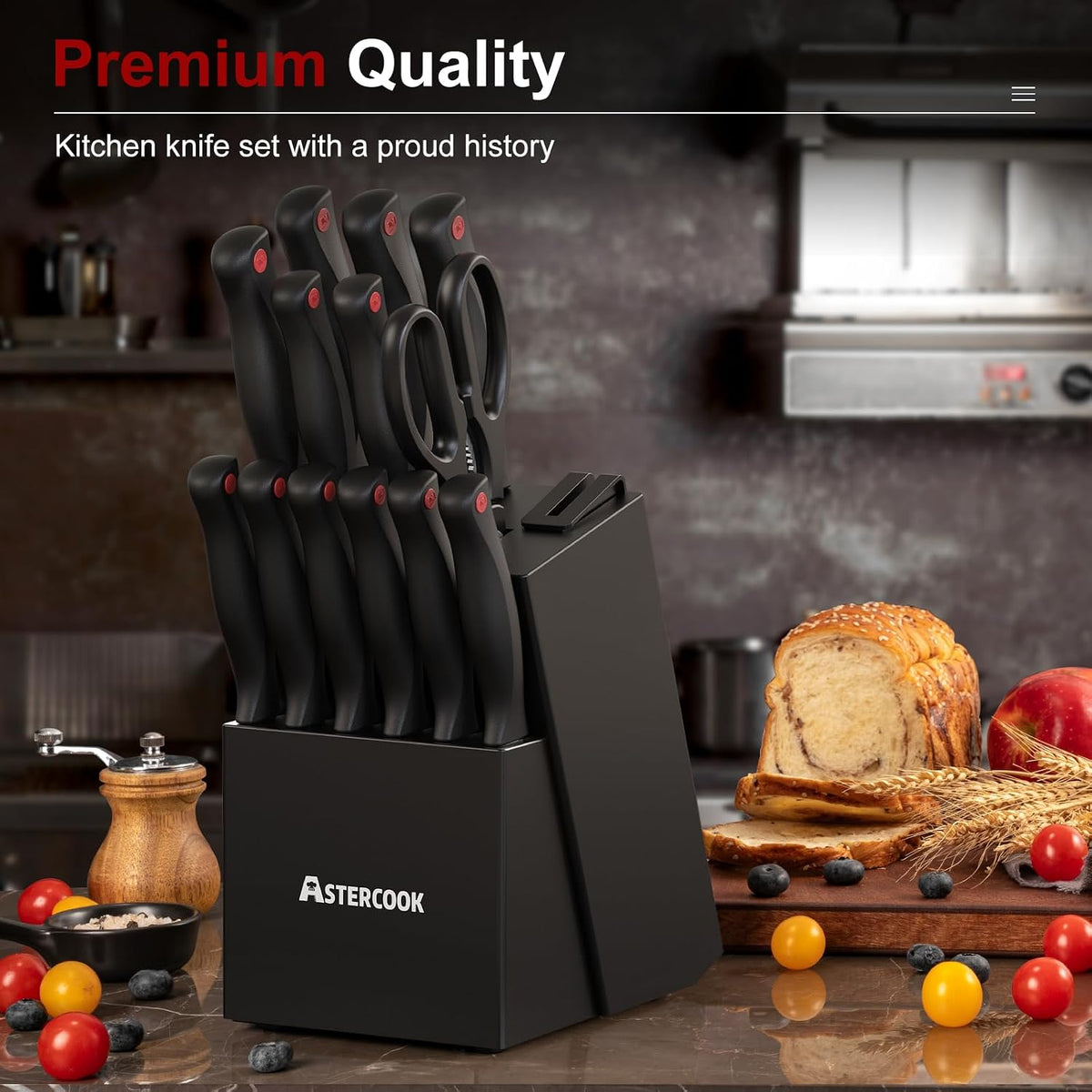 Knife Set for Kitchen with Block and Sharpener 15pcs German – features