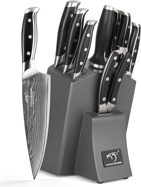 Damascus Kitchen Knife Set with Block - Razor Sharp 67-Layer VG10 Steel, Triple Rivet Handles, Chef, Santoku, Utility, Bread & Paring Knives, Sharpener, Shears, Grey, 9 Pcs
